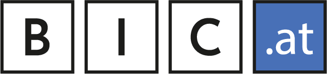 Logo mit den Buchstaben B I C und der Webadresse .at auf einer modernen Website.