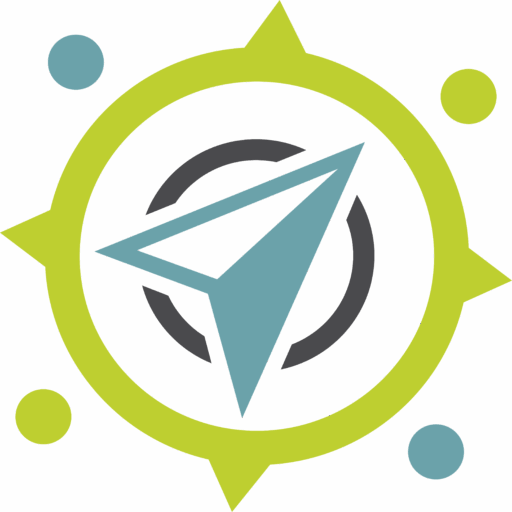 Flaches, farbenfrohes Symbol eines Papierfliegers in einem Kompass – symbolisiert berufliche Ausrichtung und Zukunftsplanung.